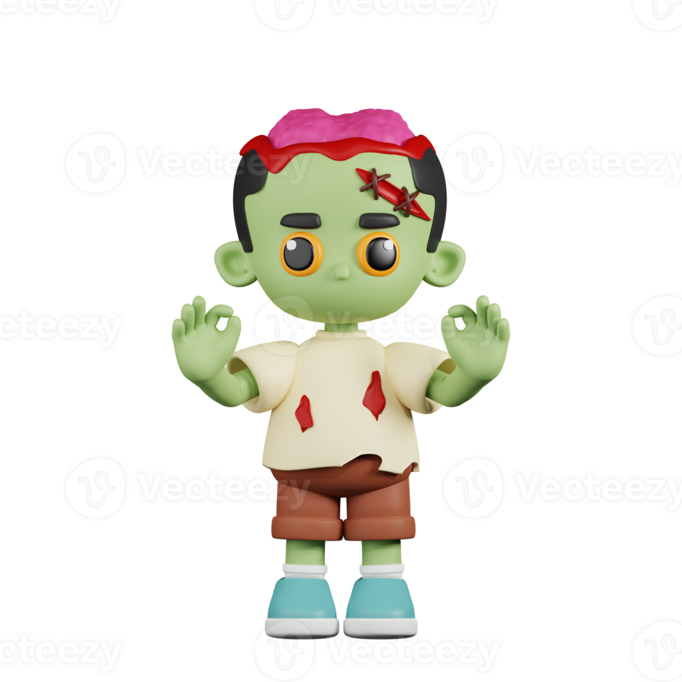 3d Character Zombie Giving Ok Hand Gesture Pose. 3d render isolated on transparent backdrop. png