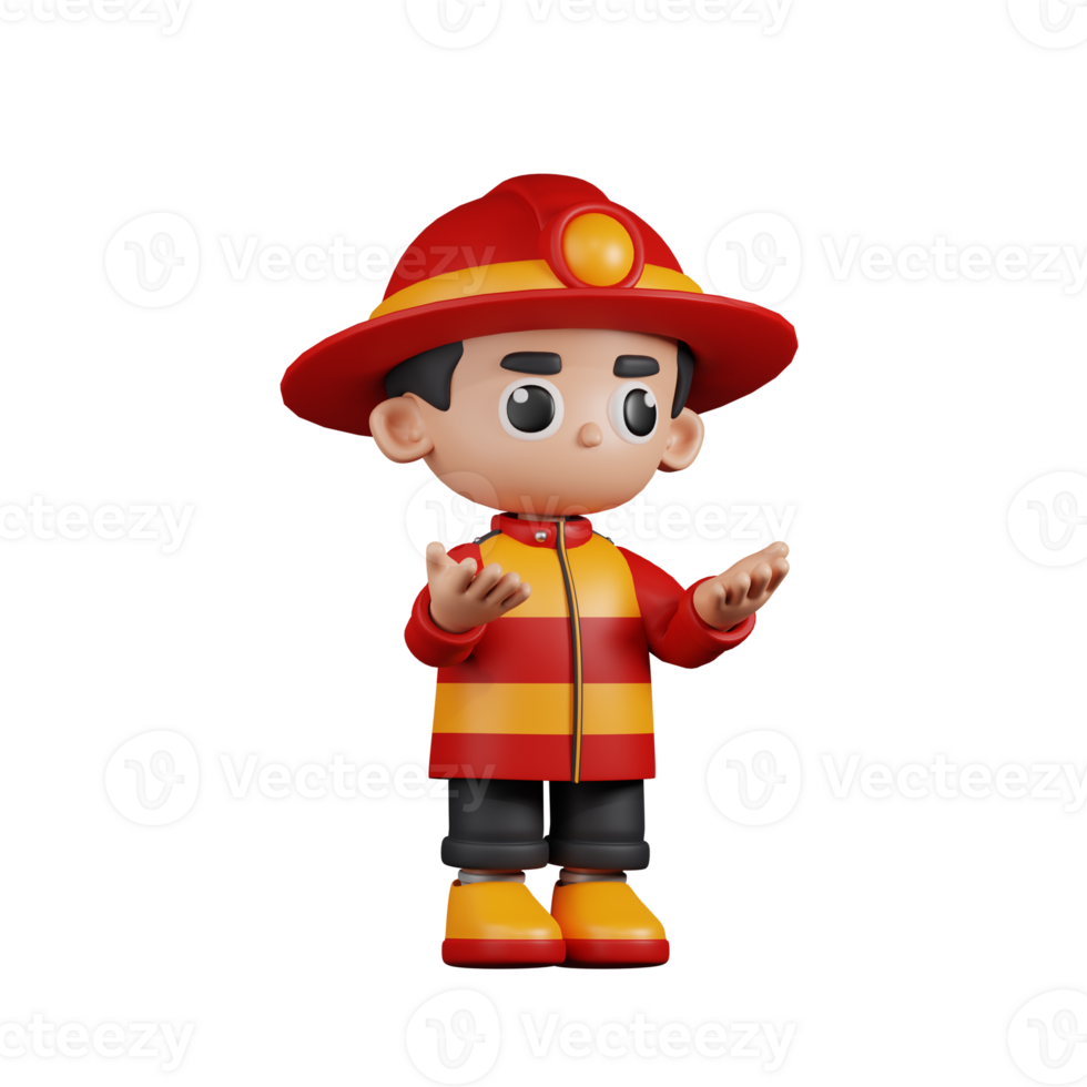 3d Character Firefighter Angry Pose. 3d render isolated on transparent backdrop. png