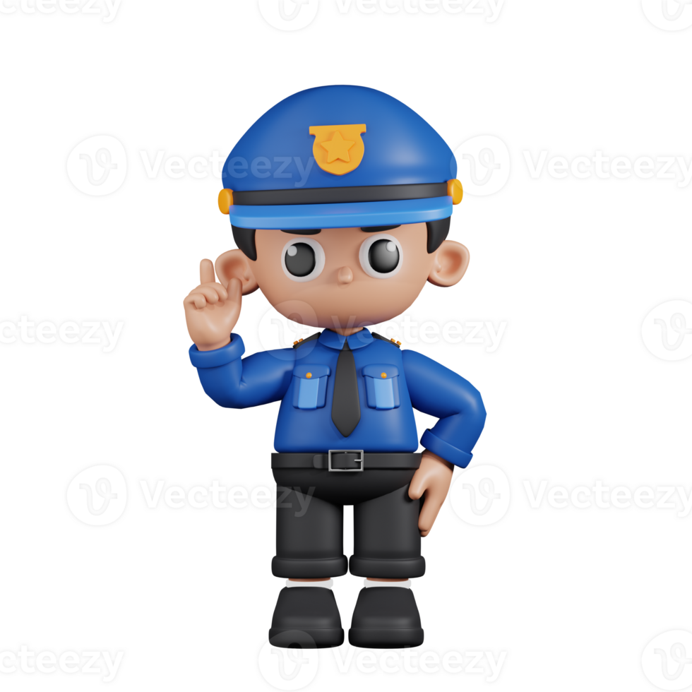 3d Character Policeman Pointing Up Pose. 3d render isolated on transparent backdrop. png