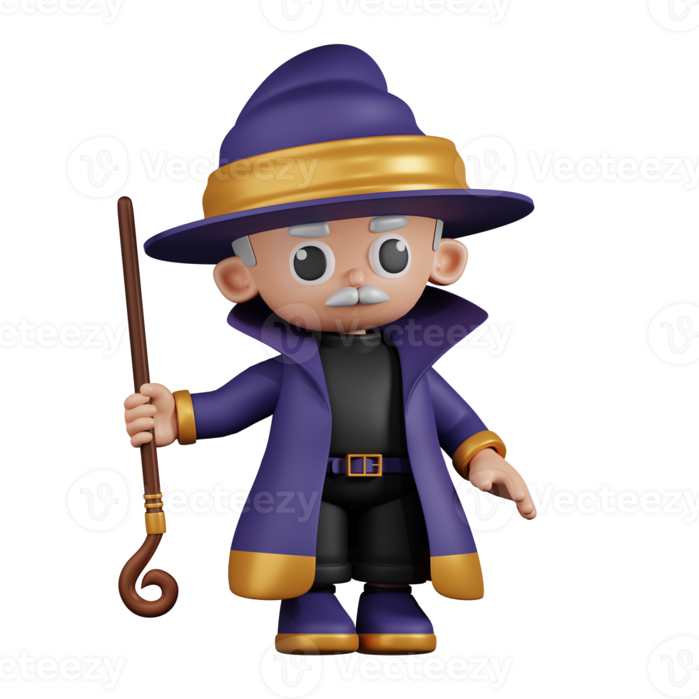 3d Character Wizard Holding His Stick Upside Down Pose. 3d render isolated on transparent backdrop. png