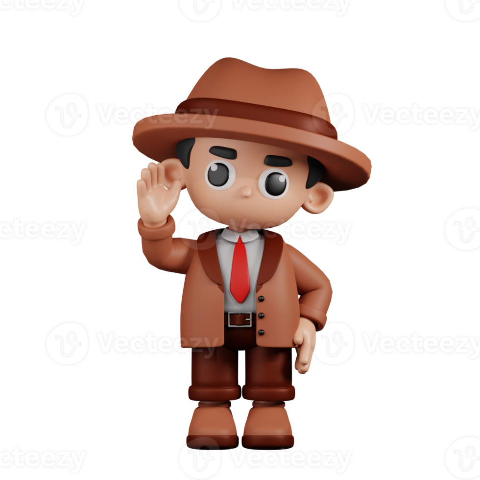 3d Character Detective Greeting Pose. 3d render isolated on transparent backdrop. png