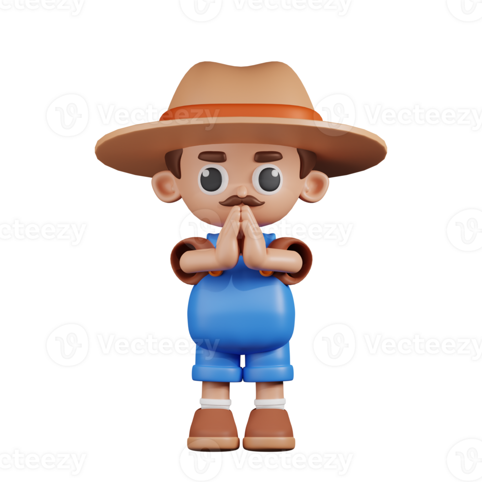 3d Character Farmer Apologizing Pose. 3d render isolated on transparent backdrop. png