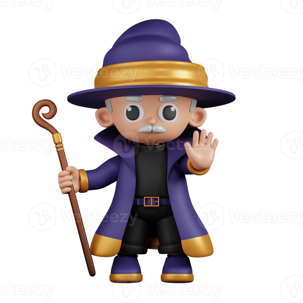 3d Character Wizard Doing The Stop Sign Pose. 3d render isolated on transparent backdrop. png