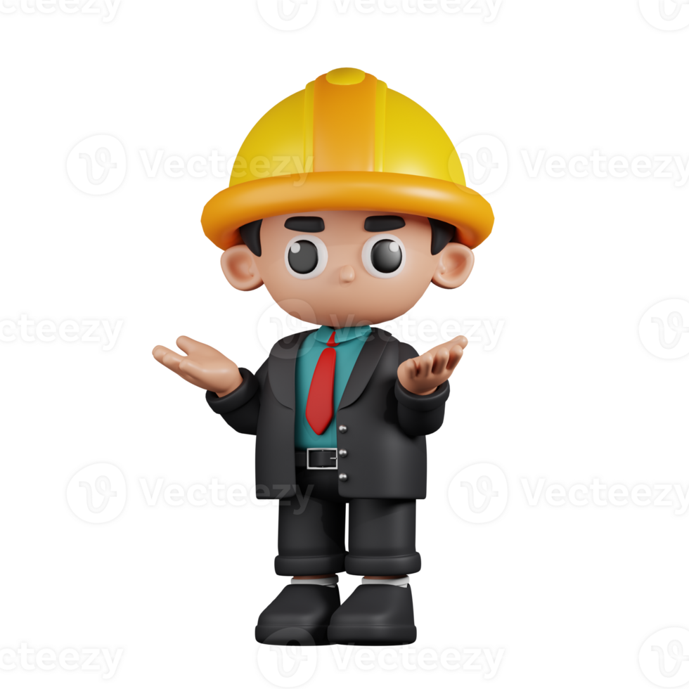 3d Character Engineer Confused Pose. 3d render isolated on transparent backdrop. png