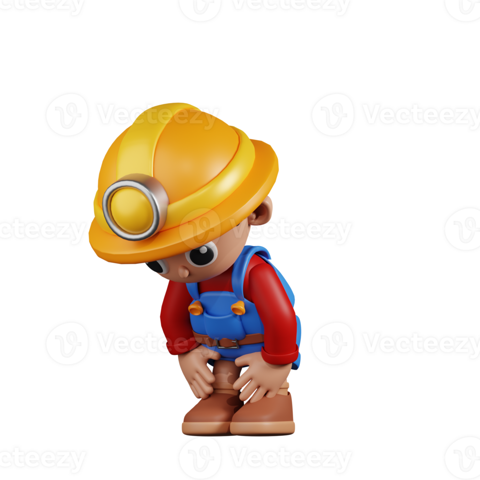 3d Character Miner Taking A Break Pose. 3d render isolated on transparent backdrop. png