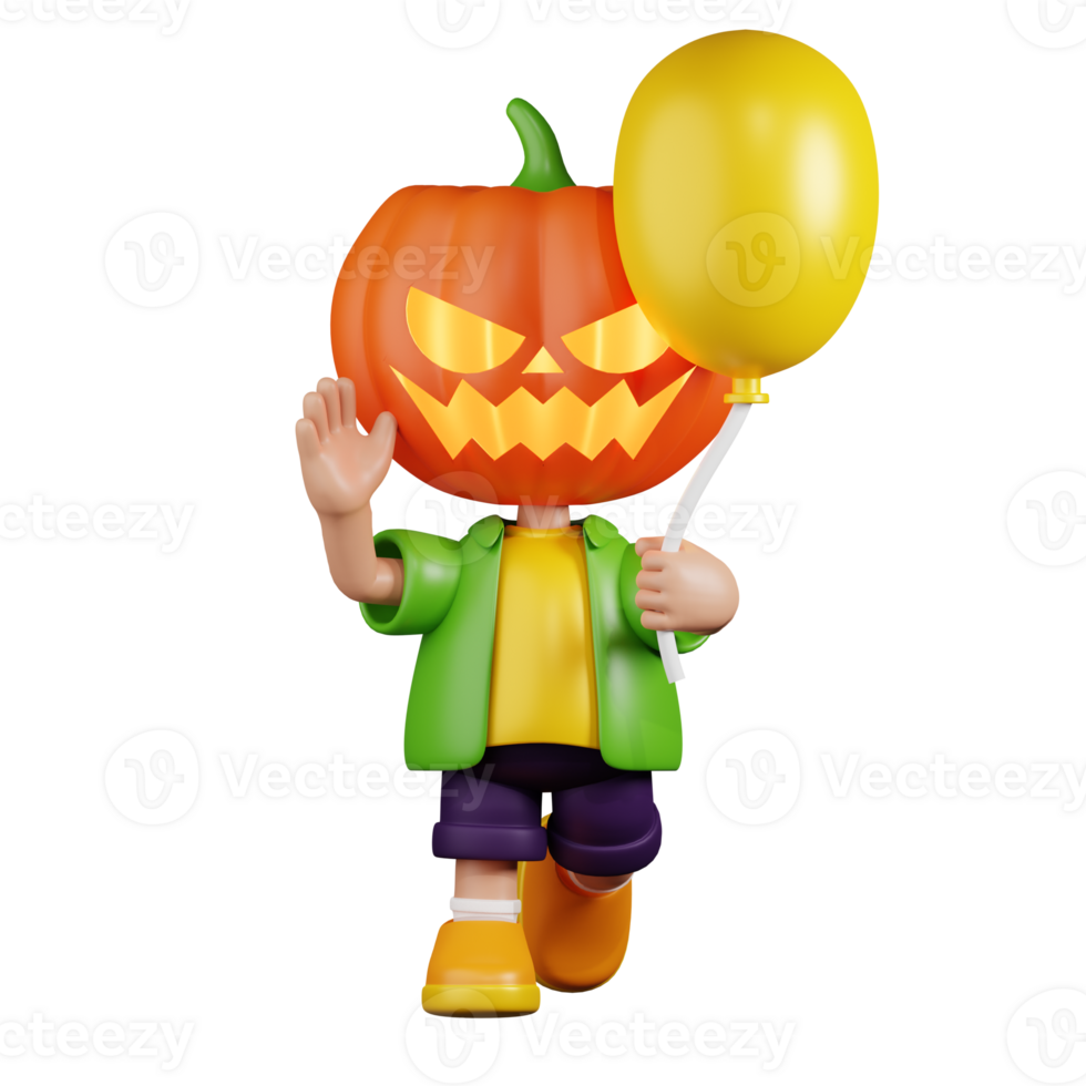 3d Character Pumpkin Holding a Balloon Pose. 3d render isolated on transparent backdrop. png