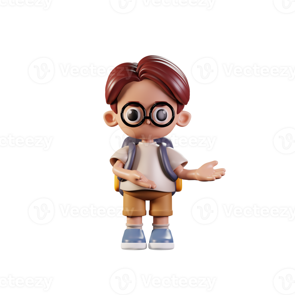 3d Character Student Pointing To Something Pose. 3d render isolated on transparent backdrop. png