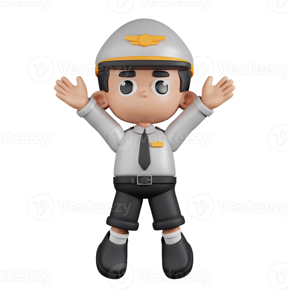 3d Character Pilot Jumping Celebration Pose. 3d render isolated on transparent backdrop. png