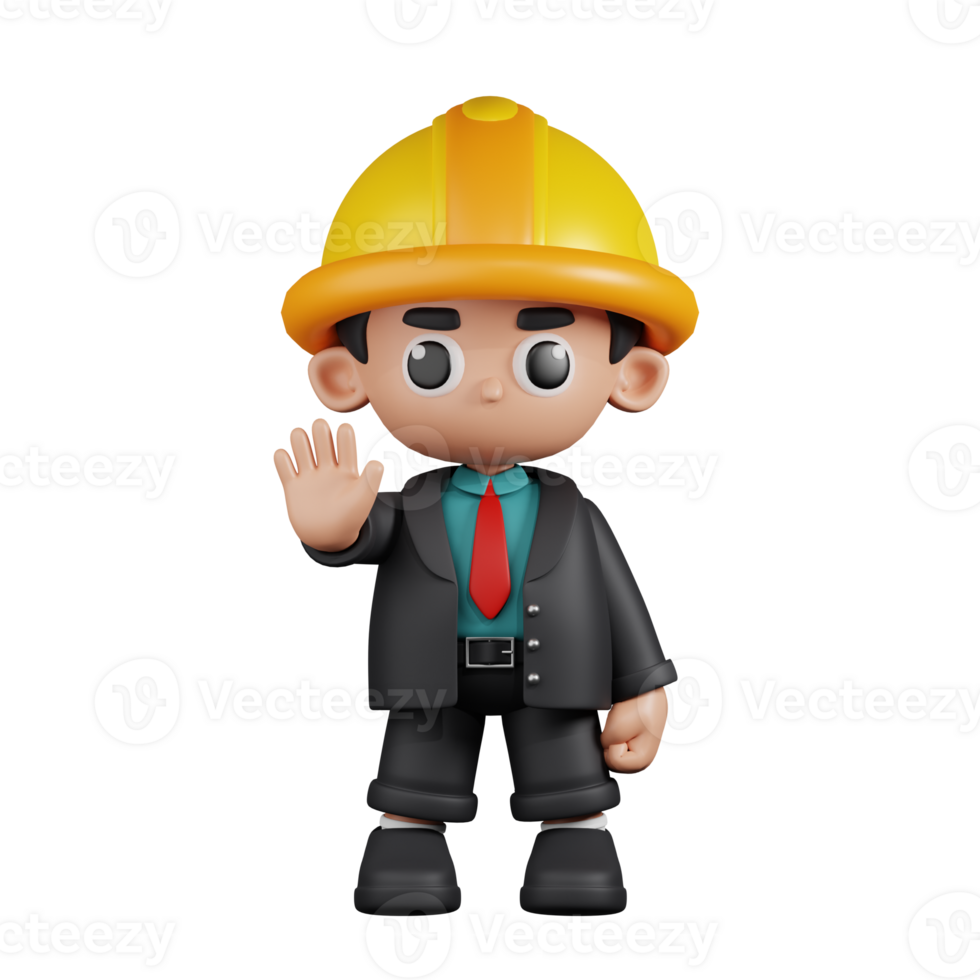 3d Character Engineer Doing The Stop Sign Pose. 3d render isolated on transparent backdrop. png