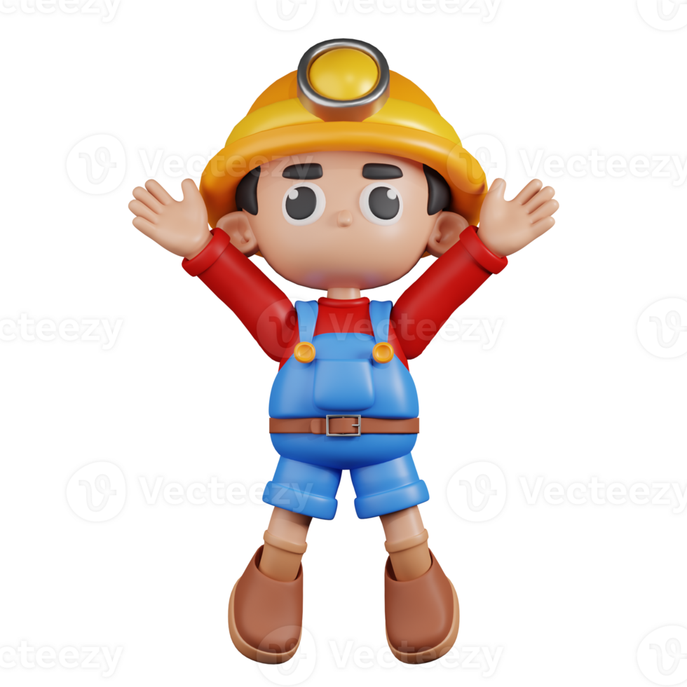 3d Character Miner Jumping Celebration Pose. 3d render isolated on transparent backdrop. png