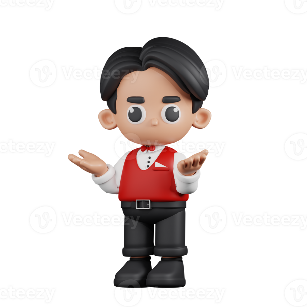 3d Character Waitress Confused Pose. 3d render isolated on transparent backdrop. png