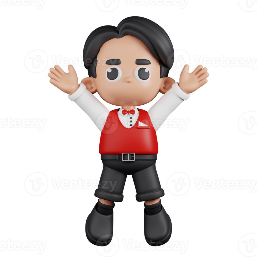 3d Character Waitress Jumping Celebration Pose. 3d render isolated on transparent backdrop. png