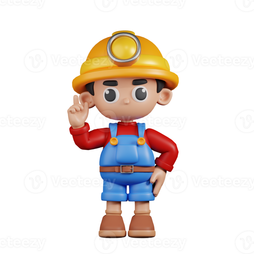 3d Character Miner Pointing Up Pose. 3d render isolated on transparent backdrop. png