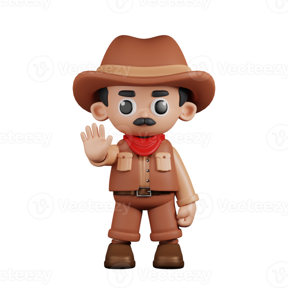 3d personnage cow-boy Faire le Arrêtez signe pose. 3d rendre isolé sur transparent toile de fond. png