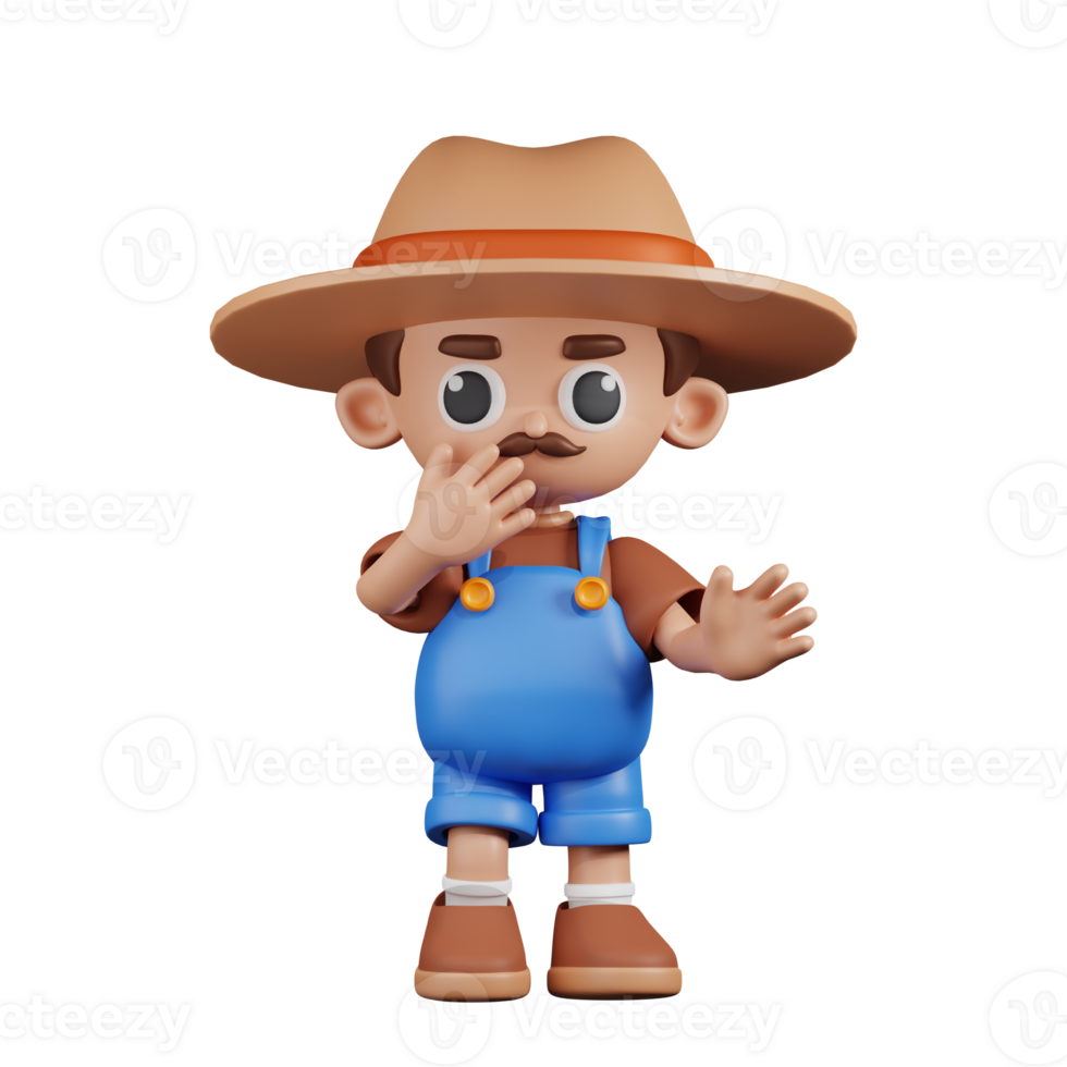 3d Character Farmer Surprised Pose. 3d render isolated on transparent backdrop. png