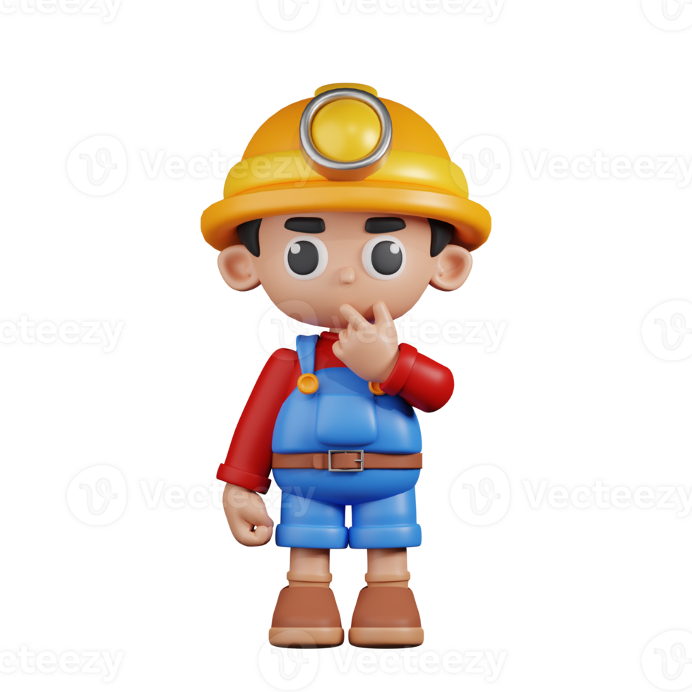 3d Character Miner Curious Pose. 3d render isolated on transparent backdrop. png