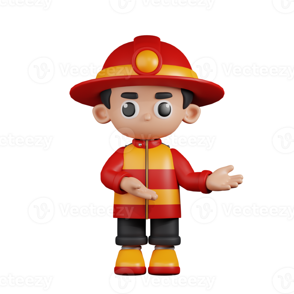 3d Character Firefighter Pointing To Something Pose. 3d render isolated on transparent backdrop. png