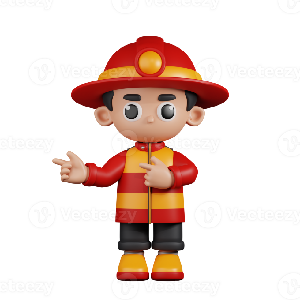 3d Character Firefighter Pointing Fingers In Direction Pose. 3d render isolated on transparent backdrop. png
