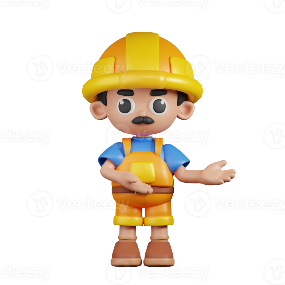 3d Character Builder Pointing To Something Pose. 3d render isolated on transparent backdrop. png