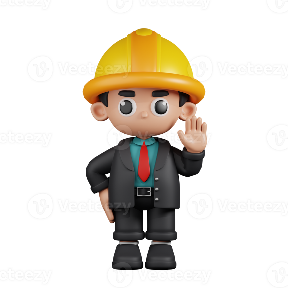 3d Character Engineer Hands Up Pose. 3d render isolated on transparent backdrop. png