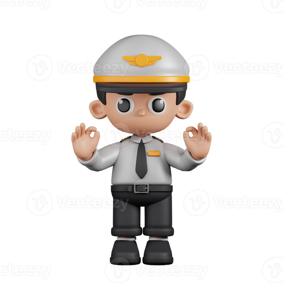 3d Character Pilot Giving Ok Hand Gesture Pose. 3d render isolated on transparent backdrop. png