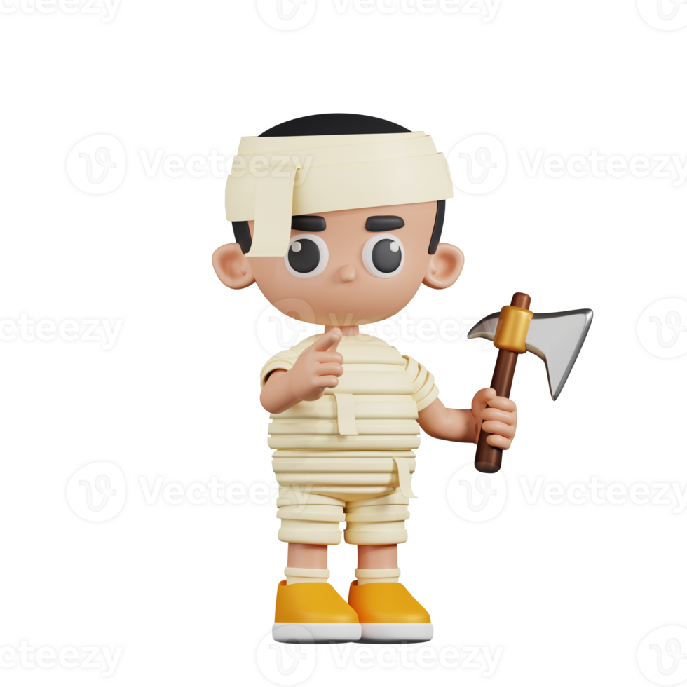 3d Character Mummy With A Sharp Axe Pose. 3d render isolated on transparent backdrop. png