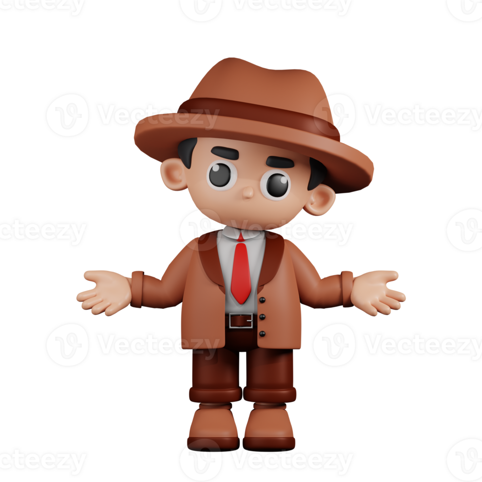 3d Character Detective Doing The No Idea Pose. 3d render isolated on transparent backdrop. png