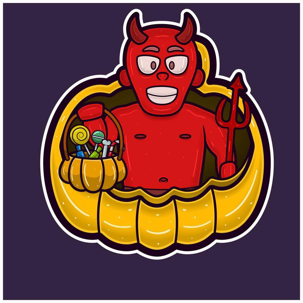 Red Devil On Big Pumpkin Cartoon. Halloween Sticker Logo. vector