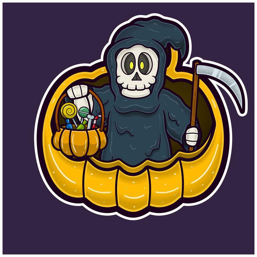 Grim Reaper On Big Pumpkin Cartoon. Halloween Sticker Logo. vector