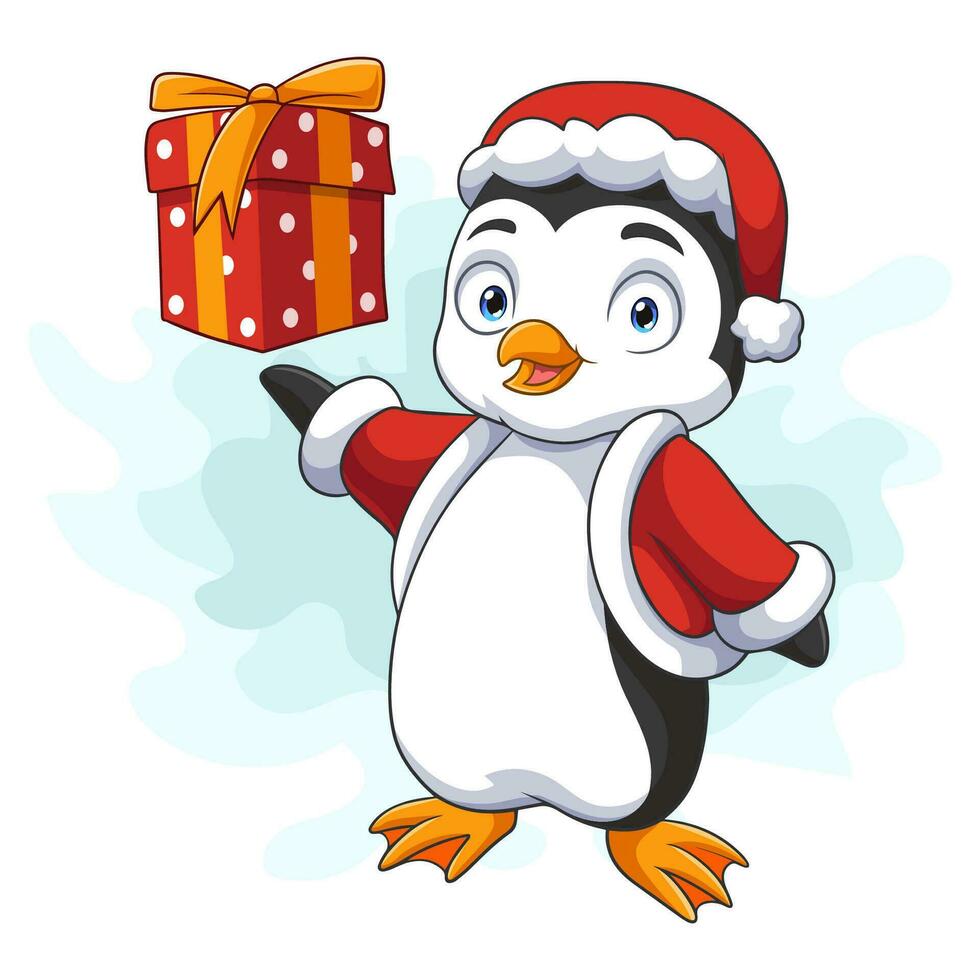 Cute penguin holding present vector