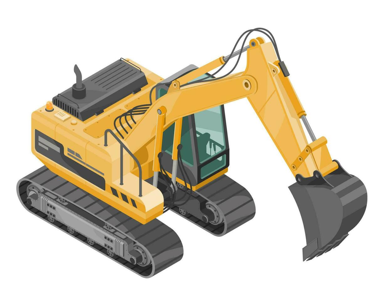 excavator backhoe isometric Construction vehicle yellow heavy machine work machinery cartoon vector