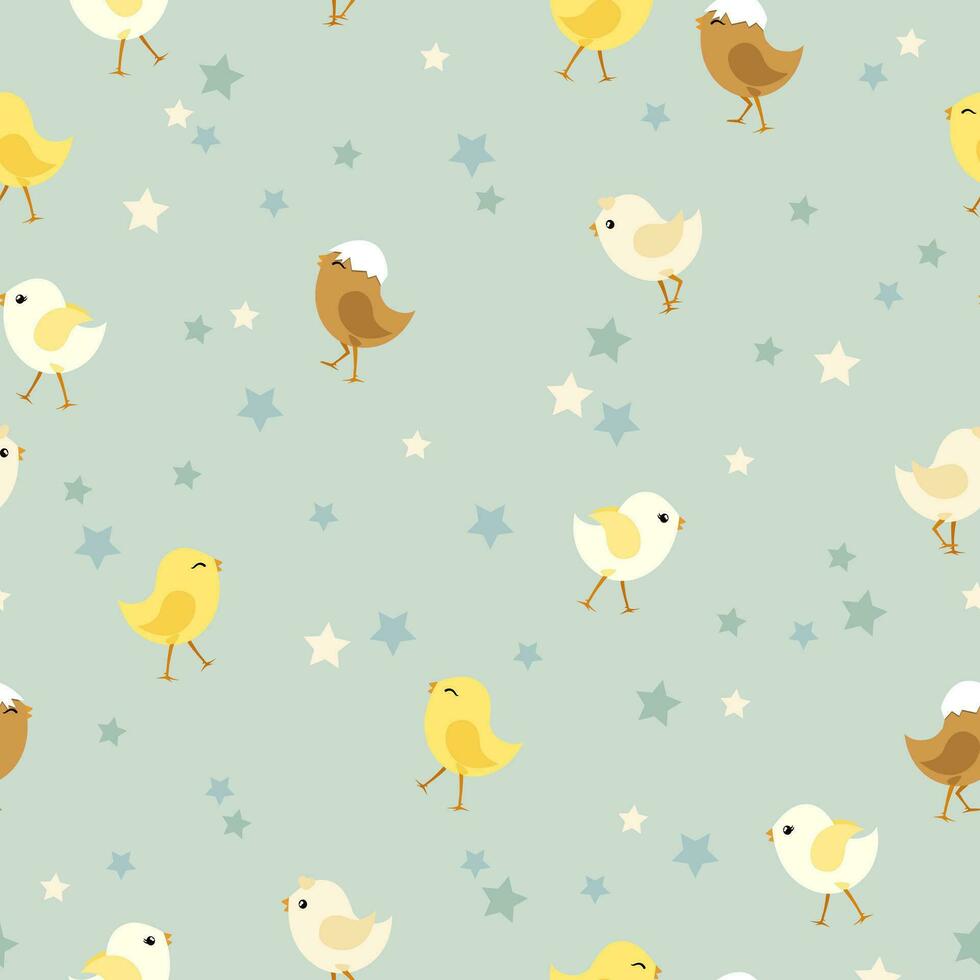 Seamless pattern with cute funny Easter chickens and star illustration for greeting card, invitation, wrapping paper, holiday design vector