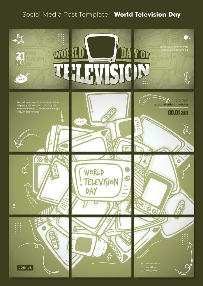 Social media post template with doodle art of television background design for world television day vector