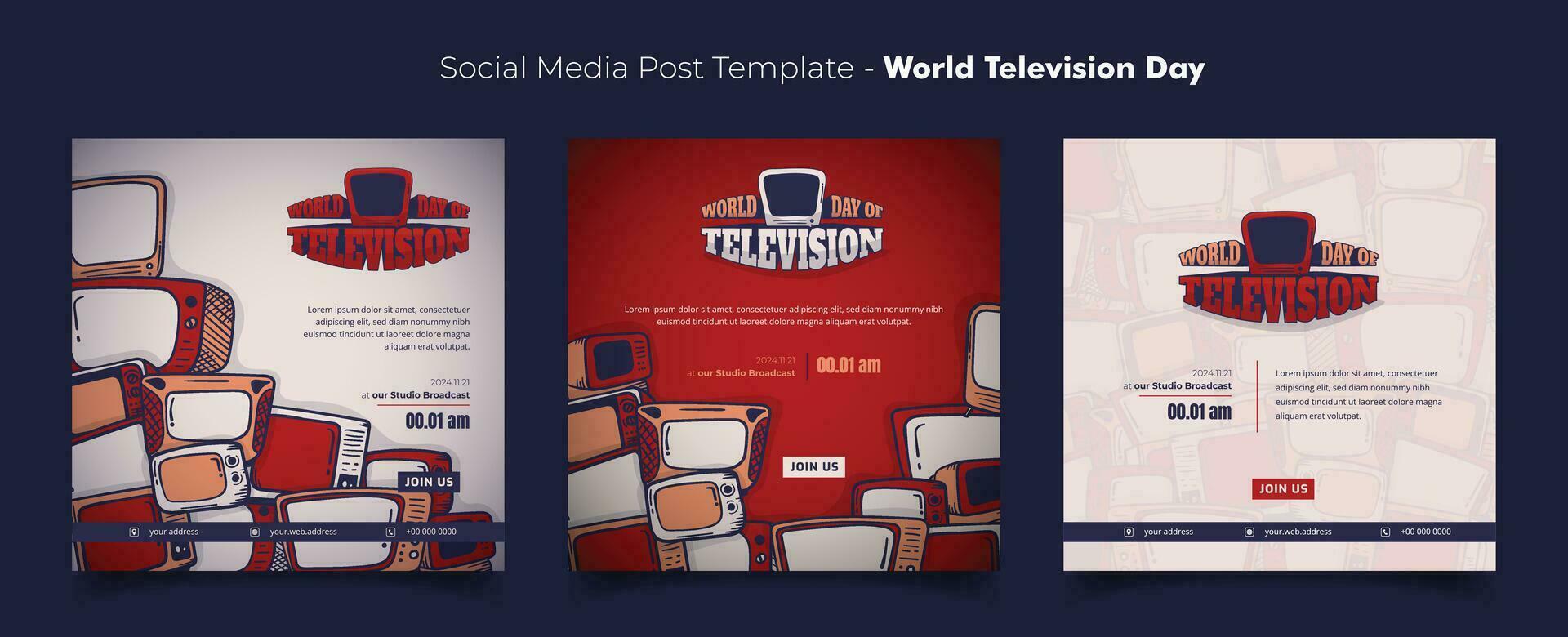 Social media template with television in doodle art and red background for television day campaign vector