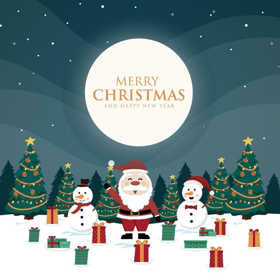 vector santa claus and snowman over snow on the Christmas night with full moon and snowy