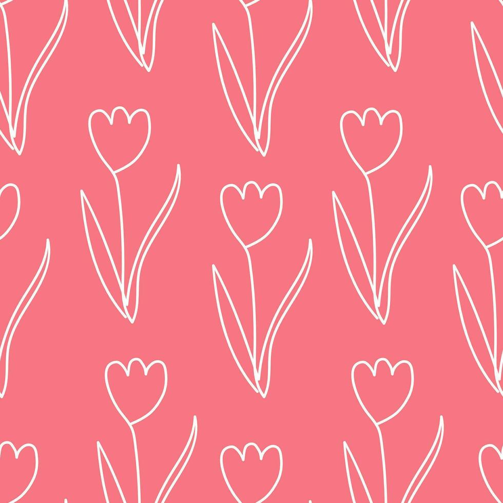 Seamless pattern white contour flowers tulips on a pink background, continuous line. Doodle vector illustration for packaging, textile, wallpaper