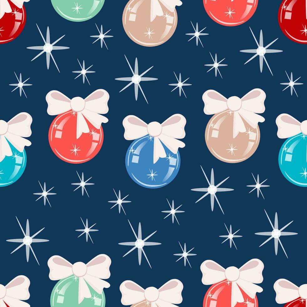 Multi-colored glass Christmas balls with bows on a dark blue background with stars. Vector illustration seamless pattern for packaging, textile, wallpaper