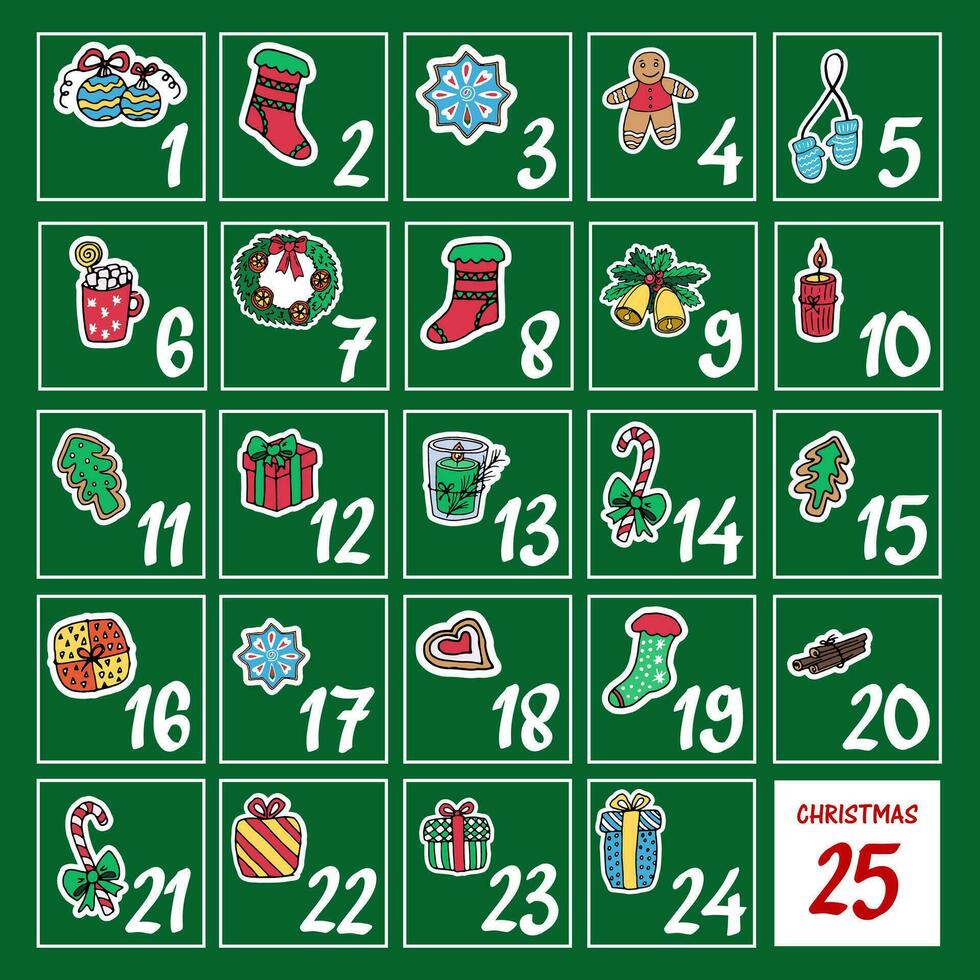 cuadrado adviento calendario con números y Navidad símbolos en un verde antecedentes. modelo para impresión y web diseño vector