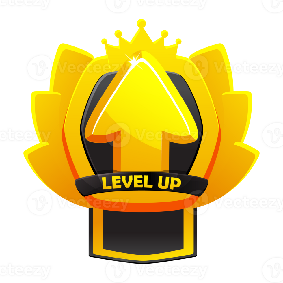 Game level up badge icon with raising arrow, crown, and shield. Winner evaluation UI or GUI app element png