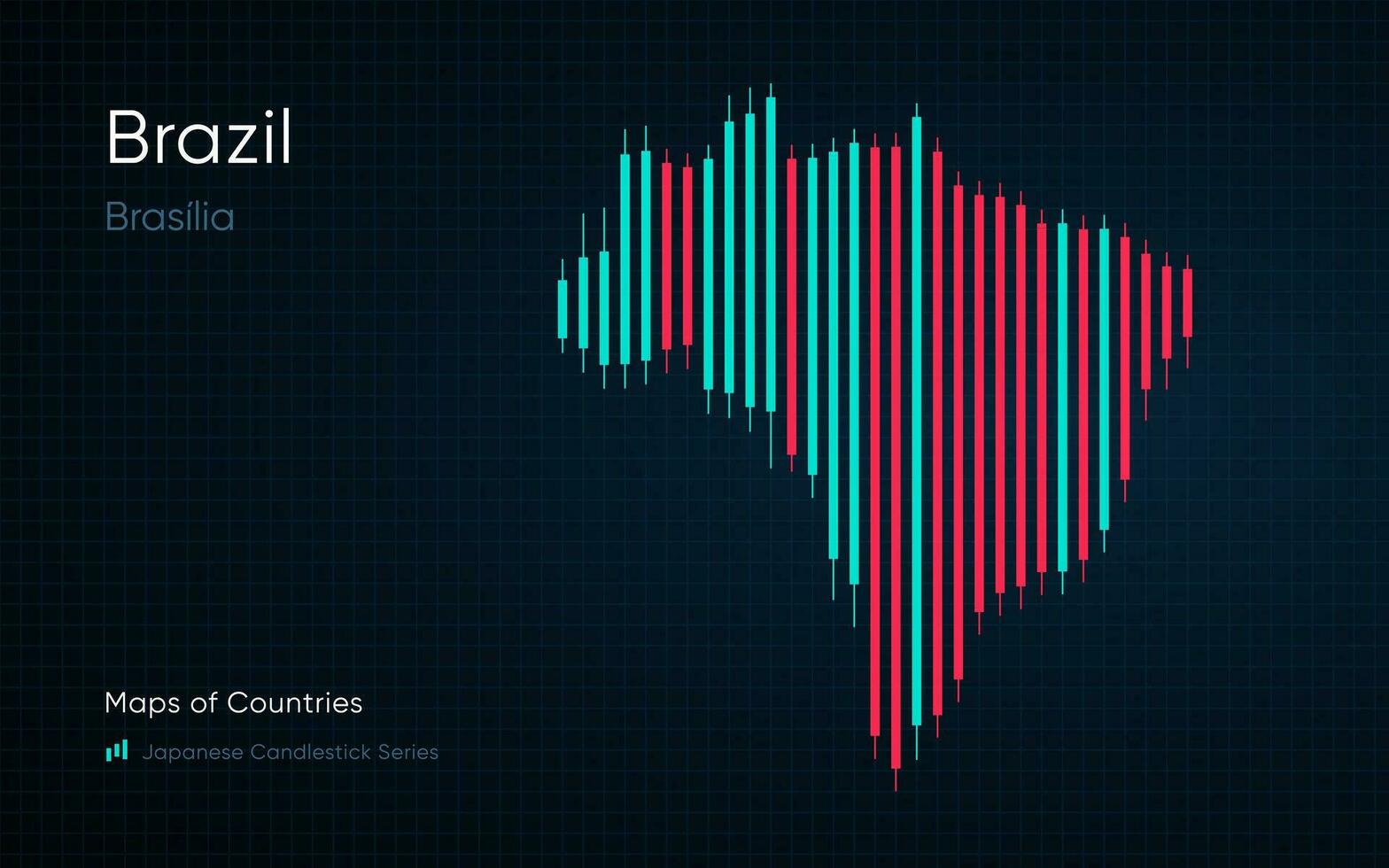 Brazil map is shown in a chart with bars and lines. Japanese candlestick chart Series vector