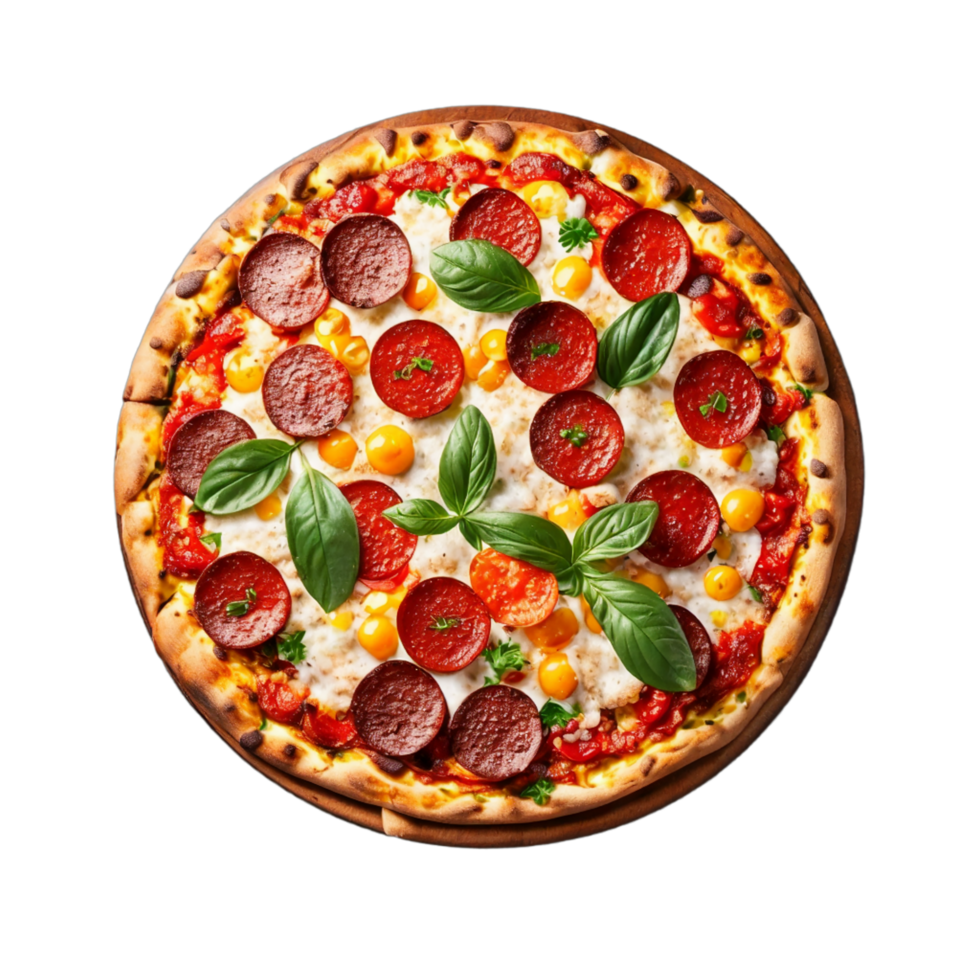 Pizza with cherry tomatoes and mozzarella on wood PNG AI Generative