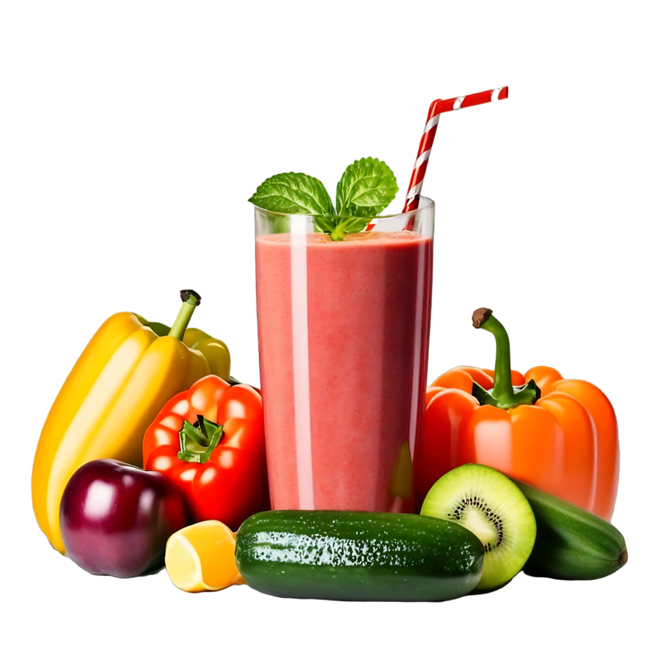Set of Fresh, healthy fruit and vegetable smoothies in glass bottles with straws, isolated on transparent background AI Generative png