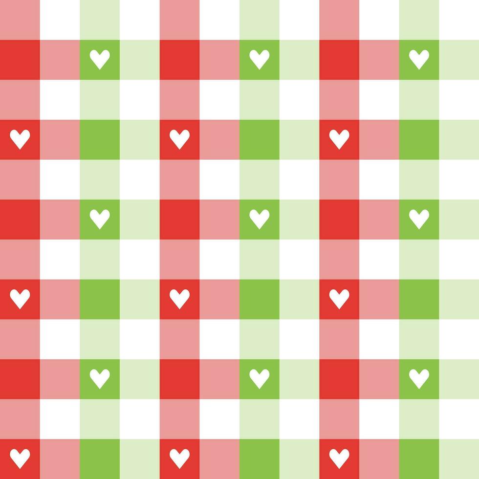 Light green and red plaid pattern with heart background. plaid pattern background. plaid background. Seamless pattern. for backdrop, decoration, gift wrapping, gingham tablecloth, blanket, tartan. vector