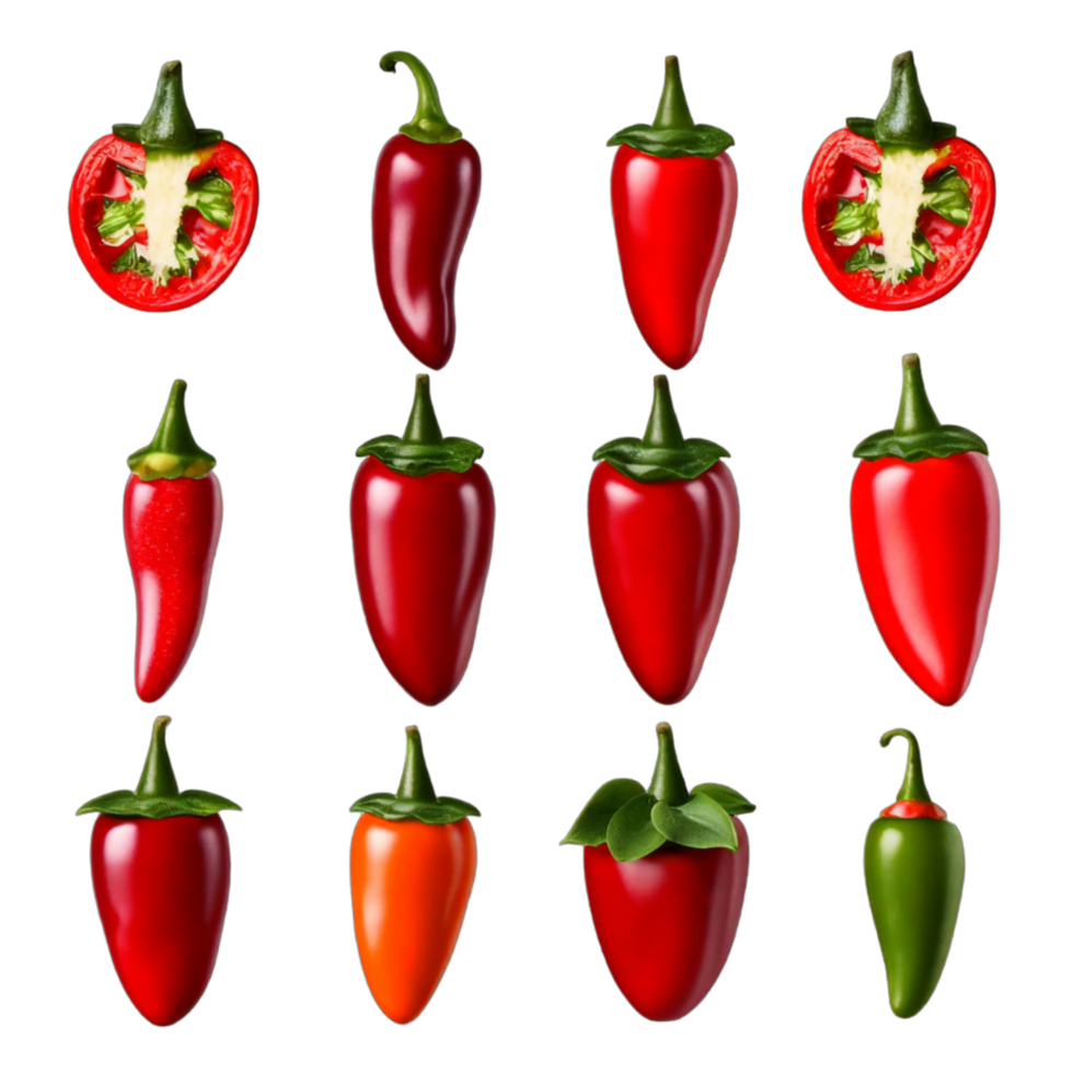 Set of Red Hot Chili Pepper on Transparent Background AI Generative png