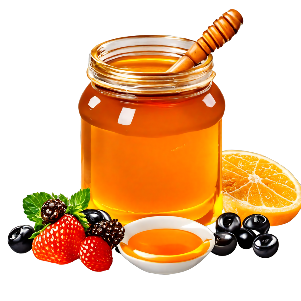 Natural jar of liquid honey products with fruits and wooden spoon  isolated on a transparent background AI Generative png