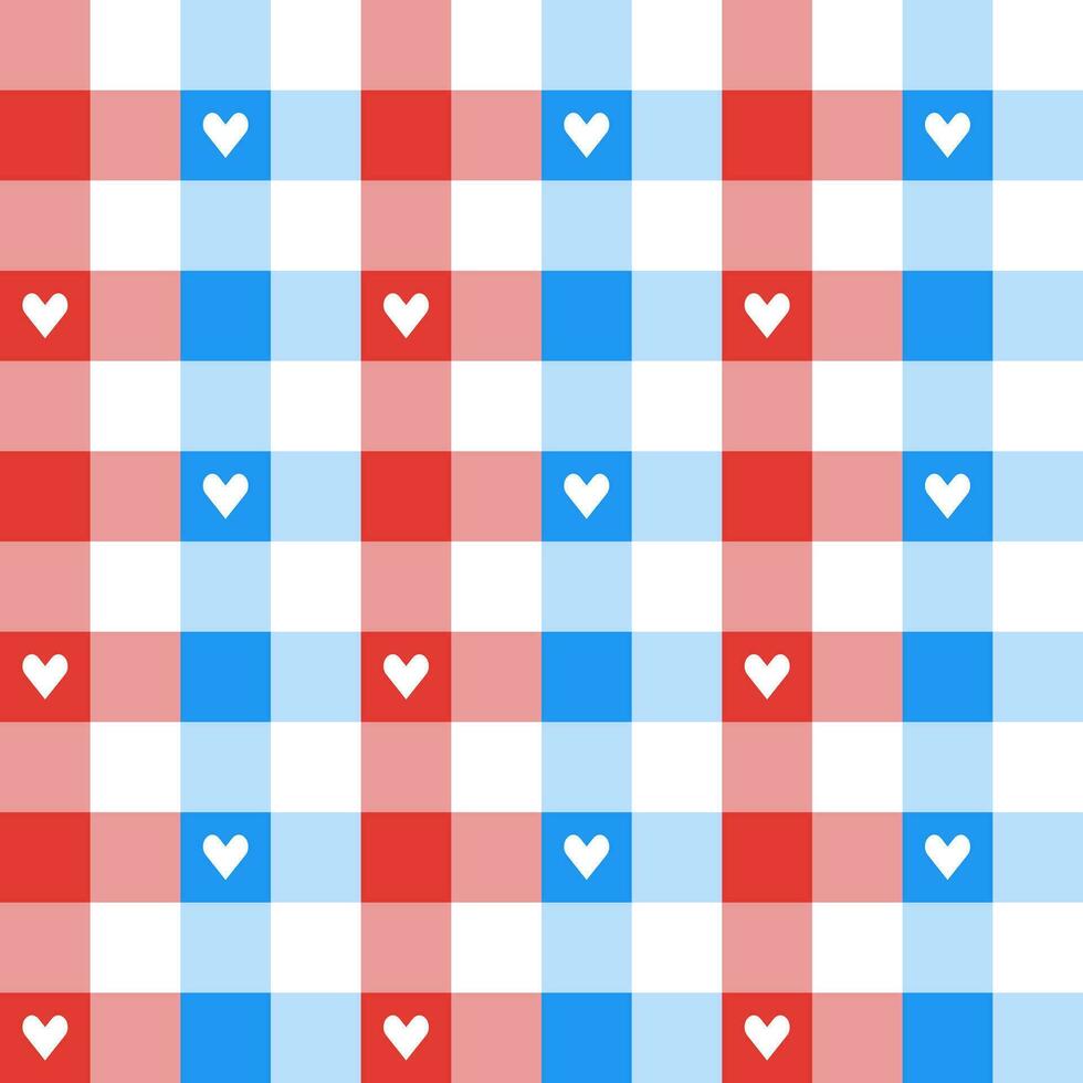 Blue and red plaid pattern with heart background. plaid pattern background. plaid background. Seamless pattern. for backdrop, decoration, gift wrapping, gingham tablecloth, blanket, tartan. vector