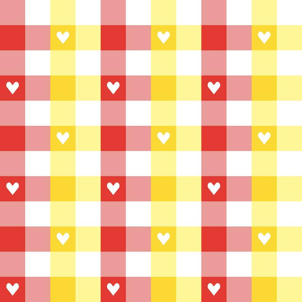 Yellow and red plaid pattern with heart background. plaid pattern background. plaid background. Seamless pattern. for backdrop, decoration, gift wrapping, gingham tablecloth, blanket, tartan. vector