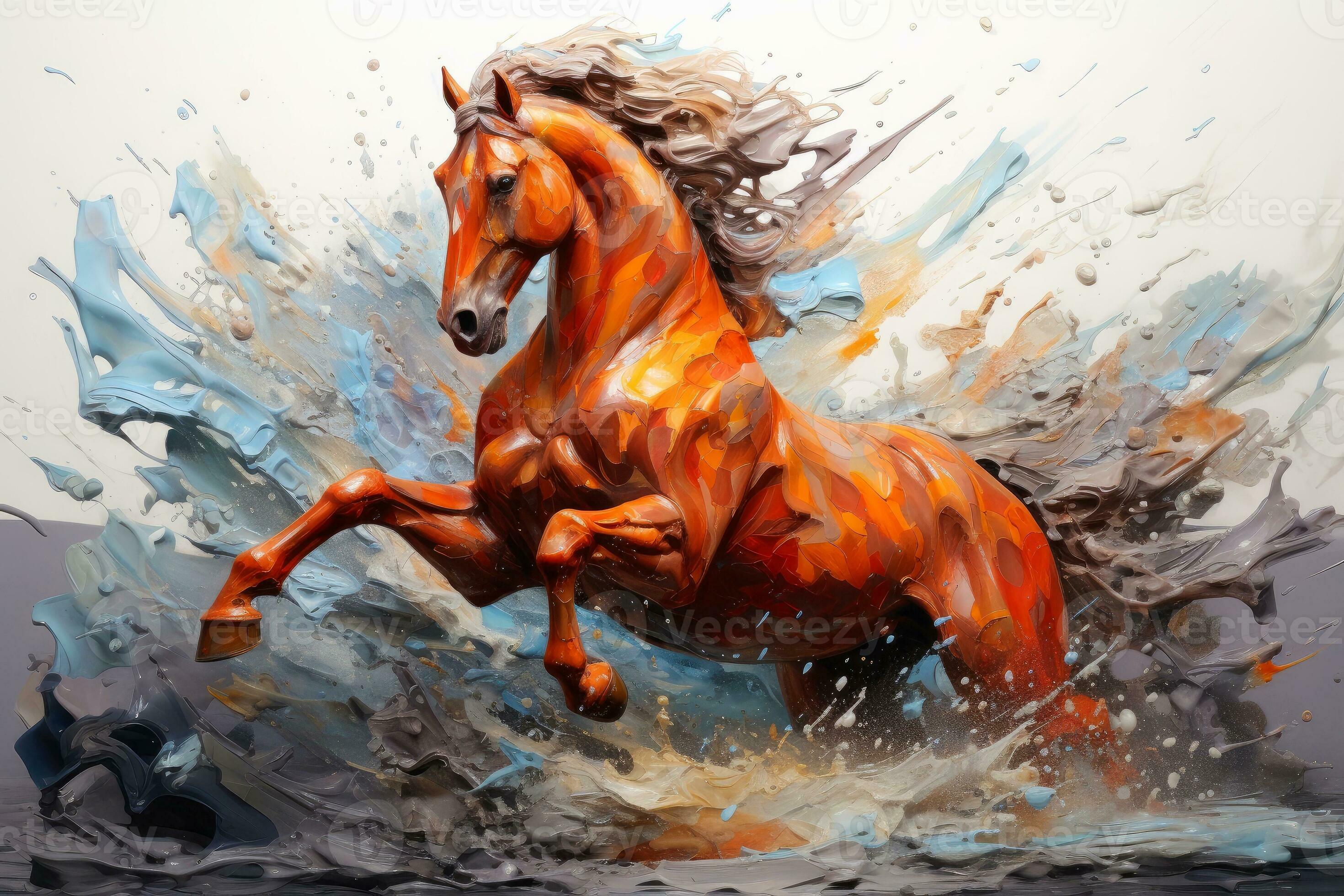 Watercolor horse painting, abstract drawing of a running