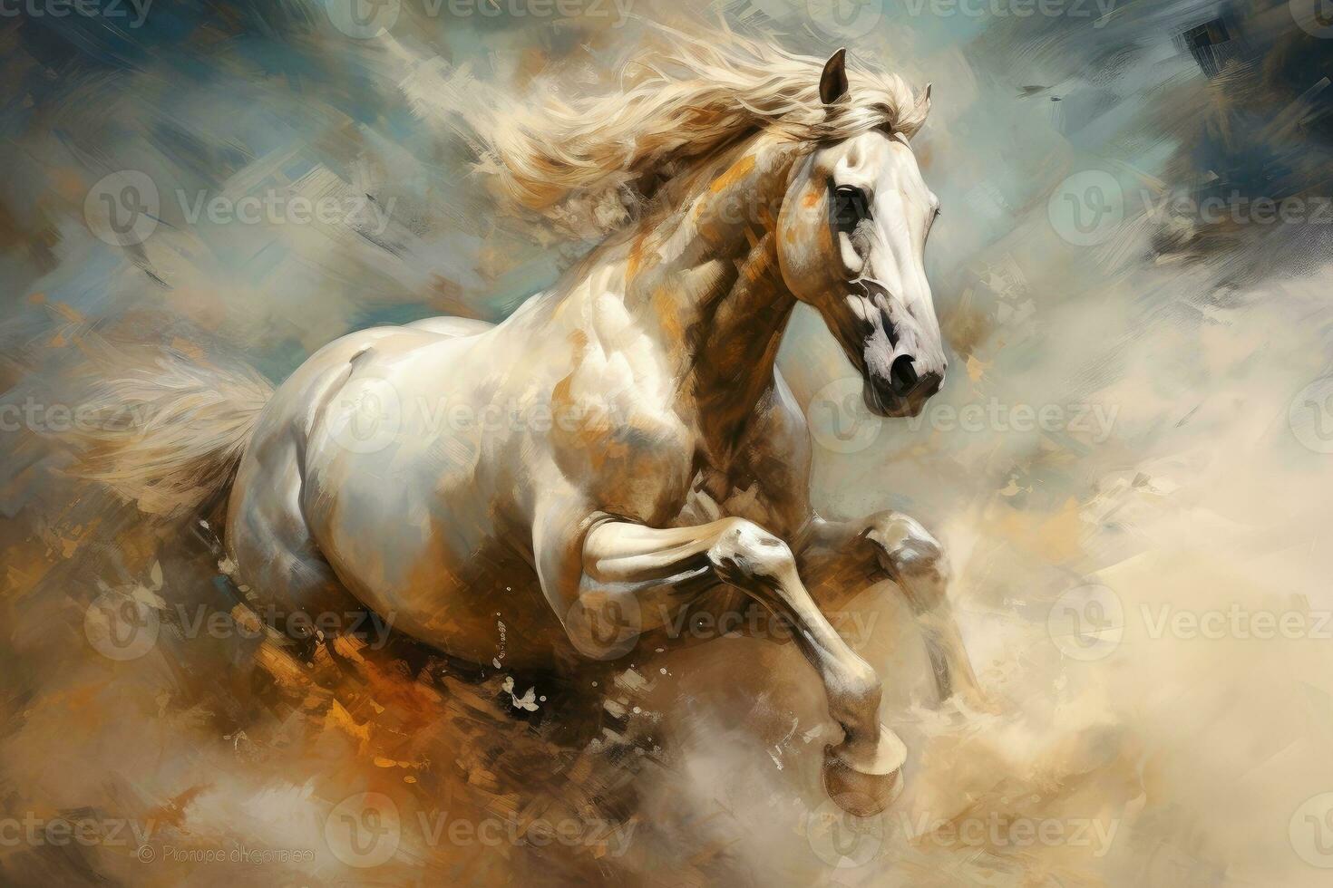 Watercolor horse painting, abstract drawing of a running paint splashed horse, Generative AI illustration photo