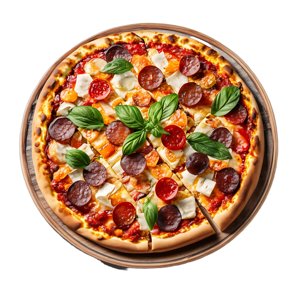 Pizza con Cereza Tomates y queso Mozzarella en madera png ai generativo